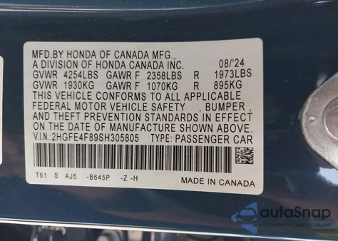 2025 Honda Civic Hybrid Sport/Sport Touring из США, поврежденный, VIN 2HGFE4F89SH305805